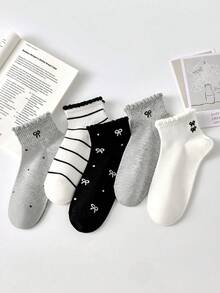 5 đôi tất nữ dễ thương, thoáng khí, kẻ sọc, nơ và chấm bi, kiểu dáng vô hình, màu trắng và đen, phù hợp cho mặc hàng ngày, mùa xuân/hè/thu/đông. - Nhiều màu - Xem 5