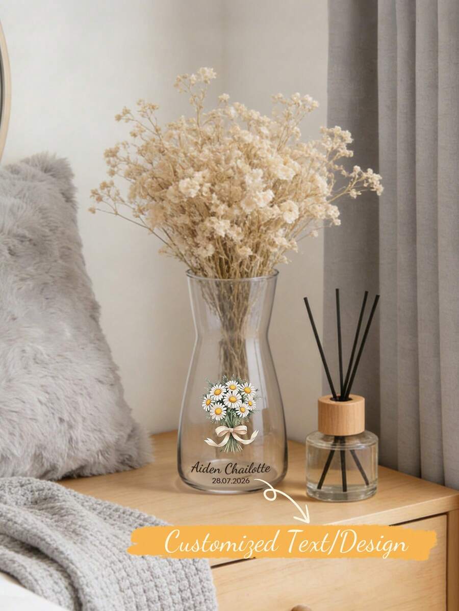 Personalized Glass Flower Vase With Custom Name, Date & Hand-Illustrated Floral Design, Premium Clear Vase For Wedding, Anniversary, Bridal Shower, Unique Gift For Couple/Her, Elegant Decorative Vase For Fresh/Dried Flowers, Perfect Table Centerpiece For Living Room, Kitchen & Home Decor - Multicolor - View 1