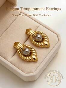 14K Gold Plated Stainless Steel Vintage Pearl Earrings, Suitable For Young Women, Fashionable Minimalist Gray Pearl Earrings, Thick Round Women's Earrings, Asymmetrical Hollow Geometric Earrings, Wedding Jewelry, Suitable For Casual Daily Wear - Gold - View 2