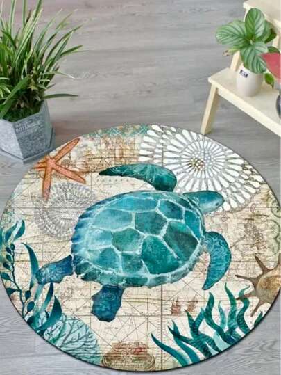 1pc Beautiful Ocean Element Printed Carpet - Sea Turtle Printed Round Mat, Suitable For Living Room, Bedroom And Hardwood Sunroom, Daily Home Decor, Holiday Gift, Middle East Festival, Bedroom Decor, Room Decor, Decorative Carpet, Small Rug, Carpet, Home Decor, Living Room Carpet, Living Room Small Rug, Bedroom Carpet, Living Room Home Decor, Outdoor Carpet, Washable Carpet