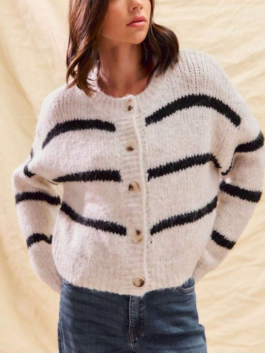 Womens Casual Cardigan Chic Striped Button Front Knit Sweater Cream Black Long Sleeve Crew Neck Fall Winter - 混色/黑色 - 查看 1