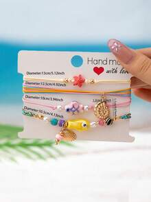 Summer Vacation Colorful Bohemian Style Coral Shell Star Pendant Decor Braided Bracelet Set, Ocean Theme Beach Surfing Wax Cord Bracelet Anklet Set, Bohemian Style Surfing Women Anklet Set - Multicolor - View 10