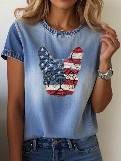 女士渐变印花图案法斗犬图案T恤，女士夏季穿搭，度假穿搭，沙滩穿搭，女士休闲圆领短袖T恤