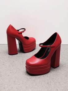 Women's Mary Jane Platform Chunky High Heels Pumps  Square Toe Solid Color Weddings Banquets Fashionable Y2K Shoes - 紅色 - 查看 5