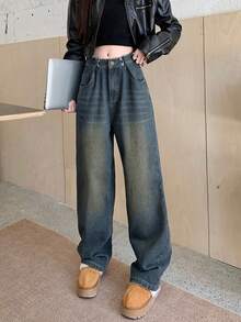 Women's Pocket Distressed Wide Leg Loose Casual Versatile Jeans - Dark Wash - View 8