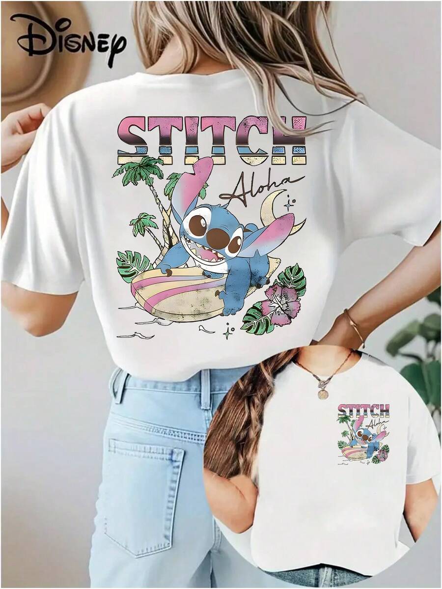 Disney Lilo & Stitch Surfing Stitch Oversized T-Shirt: Black Loose Fit Cotton Tee With Vintage Hawaiian Graphic, Perfect For Theme Park Visits, Casual Wear And Stitch Fans, Ideal Gift - trắng - Xem 1