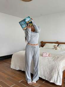 两件套女士蕾丝拼接长袖上衣+松紧腰裤可爱睡衣套装 - 灰色 - 查看 10