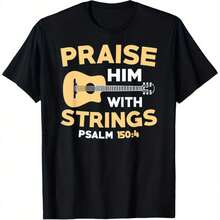 Camiseta de Música Cristiana para Iglesia con Estampado 'Alabado sea Él con Cuerdas' y Versículo Bíblico Salmo 150:4, Corte Holgado, Unisex, para Adultos, Casual, para Equipo de Adoración, Banda de Alabanza, Eventos de Iglesia. Camiseta Cómoda de Manga Corta con Cuello Redondo (Tallas S-XXXL). Regalo cristiano ideal. - Negro - Ver 1