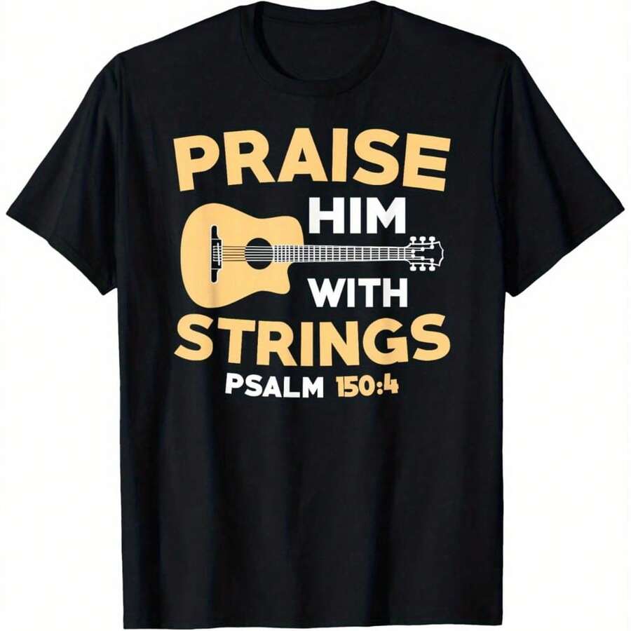 Camiseta de Música Cristiana para Iglesia con Estampado 'Alabado sea Él con Cuerdas' y Versículo Bíblico Salmo 150:4, Corte Holgado, Unisex, para Adultos, Casual, para Equipo de Adoración, Banda de Alabanza, Eventos de Iglesia. Camiseta Cómoda de Manga Corta con Cuello Redondo (Tallas S-XXXL). Regalo cristiano ideal. - Negro - Ver 1