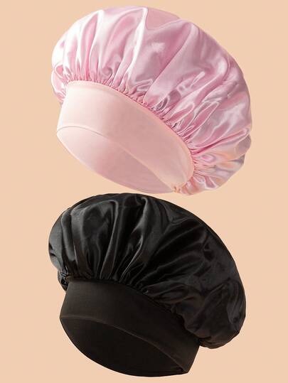 2件装真丝睡帽，缎面发帽，柔软弹力带真丝睡帽，卷发真丝发带，女士纯色宽檐弹力丝滑缎面时尚睡帽，休闲舒适透气日常护发帽，返校季
