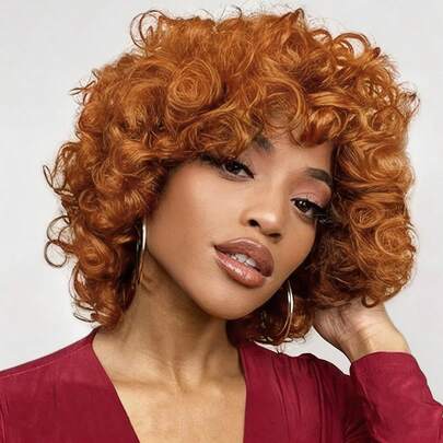 8英寸合成短卷发波波头假发，带刘海，弹性蓬松卷发，高温丝材质，玫瑰网帽，150%密度，适合日常和派对使用。