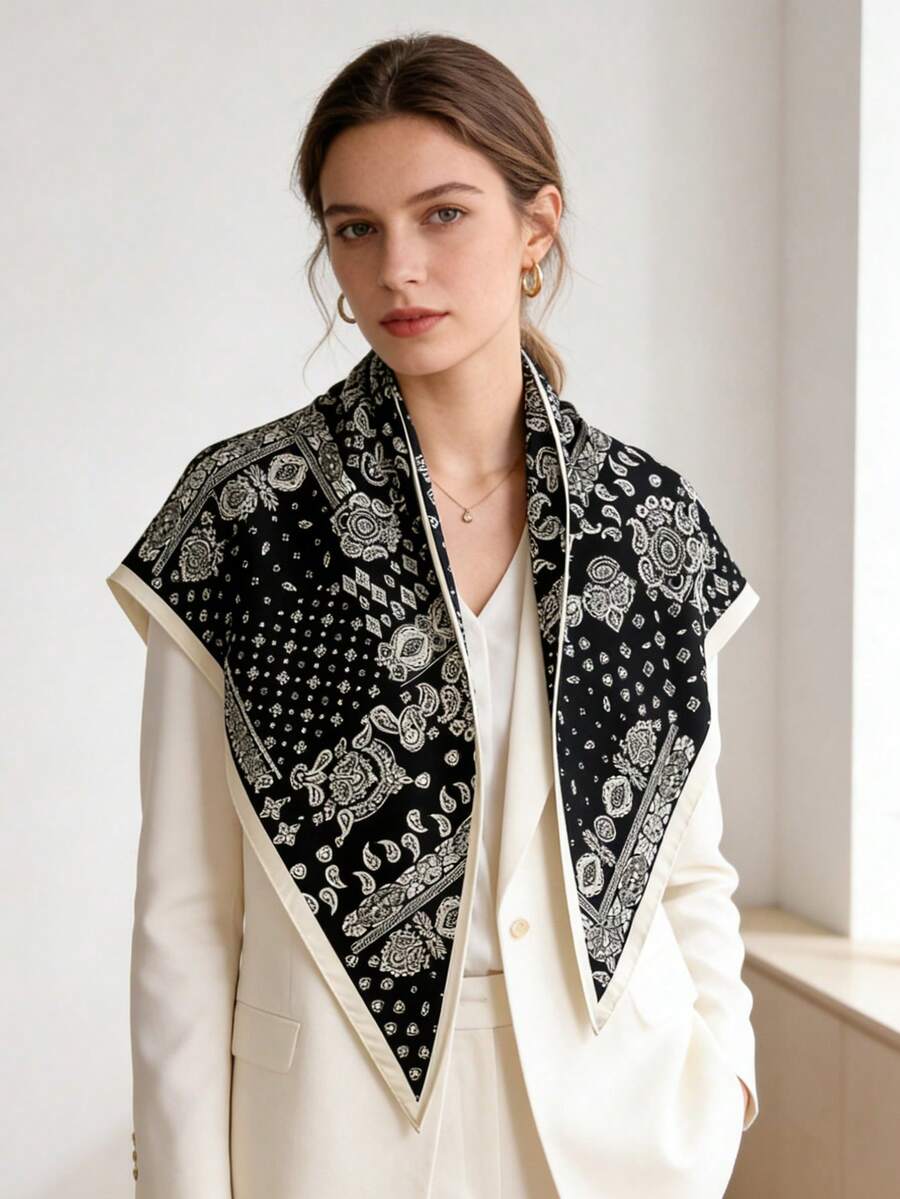 1pc French Retro Cashew Flower Multifunctional Scarf Shawl, Suitable For Daily, Office, Vacation And Other Occasions - Black - View 1