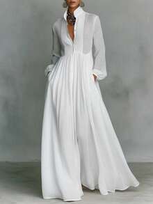 Spring And Summer New Temperament Waist Thin Long Sleeves Pleated Word Long Holiday Skirt French White Dress - 白色 - 查看 1