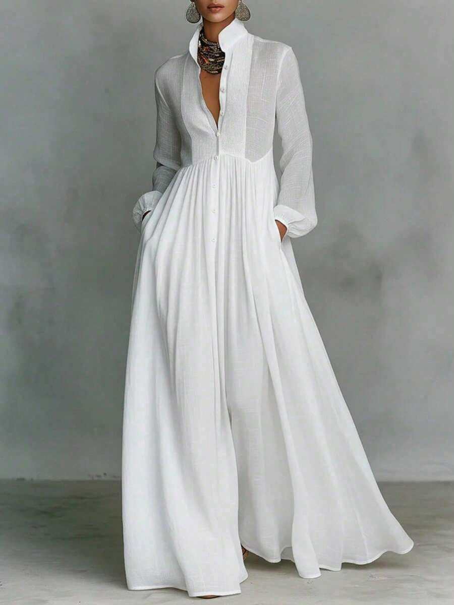 Spring And Summer New Temperament Waist Thin Long Sleeves Pleated Word Long Holiday Skirt French White Dress - 白色 - 查看 1