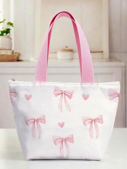 Insulated Lunch Bag With Bow Pattern, Suitable For Travel, Office, School, Picnic, Large Capacity Portable Lunch Bag. Best Gift Choice.