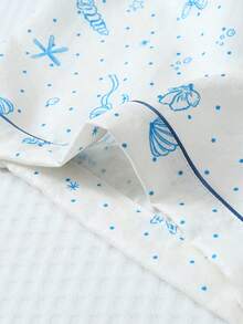 女士两件套睡衣，贝壳印花翻领纽扣上衣和蝴蝶结短裤，家居服和休闲服 - 白色 - 查看 7