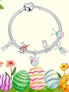 Silver Plated Easter Rabbit Charms For Bracelets Cute Bunny Egg Silver Pendant DIY Jewelry Making Necklace Gift - Silver - View 2