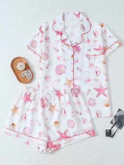 2pcs Women Pajama Set, Pink Shell Print Shirt With Collar & Button, And Bow Shorts, Sleepwear & Loungewear