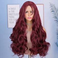 99J Wine Red Fluffy Wavy 13X4 Lace Front Synthetic Wig, Pre-Plucked Bleached Knots, Suitable For Cosplay, Daily Party, Heat Resistant Fiber Front Wig - Multicolor - View 3
