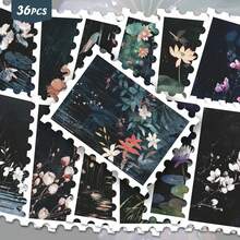 36pcs Art Dark Night Plant Scene Sticker Pack | Fashionable Dark Floral And Lotus Pattern Vinyl Stickers | Suitable For Phone, Luggage And Decoration | Perfect For Fans Who Love Atmospheric Vibes - Rectangle - View 10