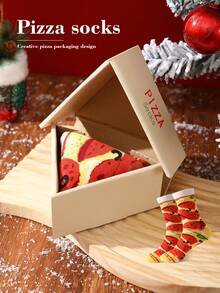 1 Pair New Interesting Multi-Color Pizza Print Mid-Calf Socks Gift Box, Spring/Summer Unisex Sports Socks, Imaginative Food-Inspired Creative Design, Knitted Fabric, Long & Thick Soft & Comfortable, Perfect Gift For Birthday, Valentine's Day, Easter, Festival, Carnival, Dates, Parties, Festivals, Unique Fashion Quirky Abstract Daily Casual Wear Socks, Food-Themed Outfit, Suitable For All Seasons, Great Gift For Couples, Friends, Vacation, Outdoor Sports, Gym, Home, Office, Etc. - Red - View 2
