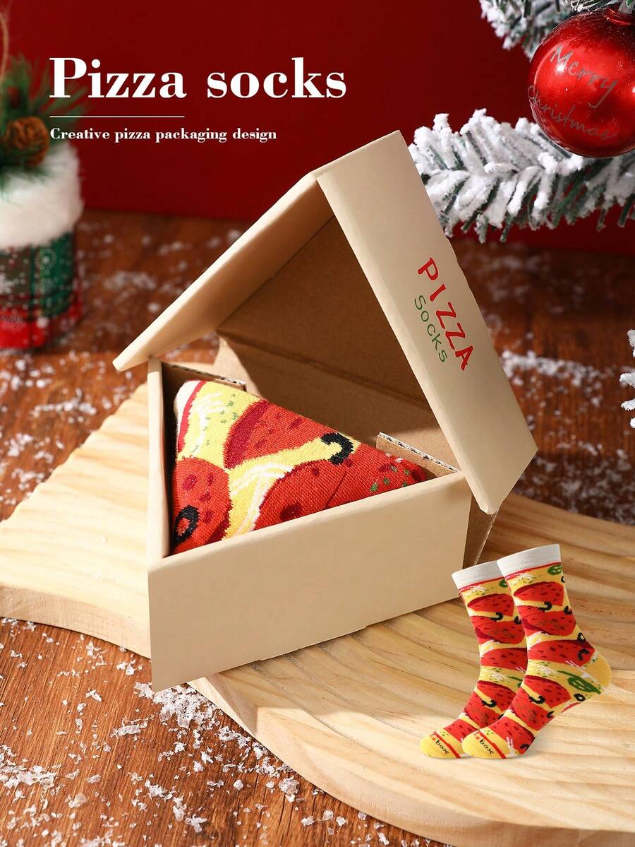 1 Pair New Interesting Multi-Color Pizza Print Mid-Calf Socks Gift Box, Spring/Summer Unisex Sports Socks, Imaginative Food-Inspired Creative Design, Knitted Fabric, Long & Thick Soft & Comfortable, Perfect Gift For Birthday, Valentine's Day, Easter, Festival, Carnival, Dates, Parties, Festivals, Unique Fashion Quirky Abstract Daily Casual Wear Socks, Food-Themed Outfit, Suitable For All Seasons, Great Gift For Couples, Friends, Vacation, Outdoor Sports, Gym, Home, Office, Etc.