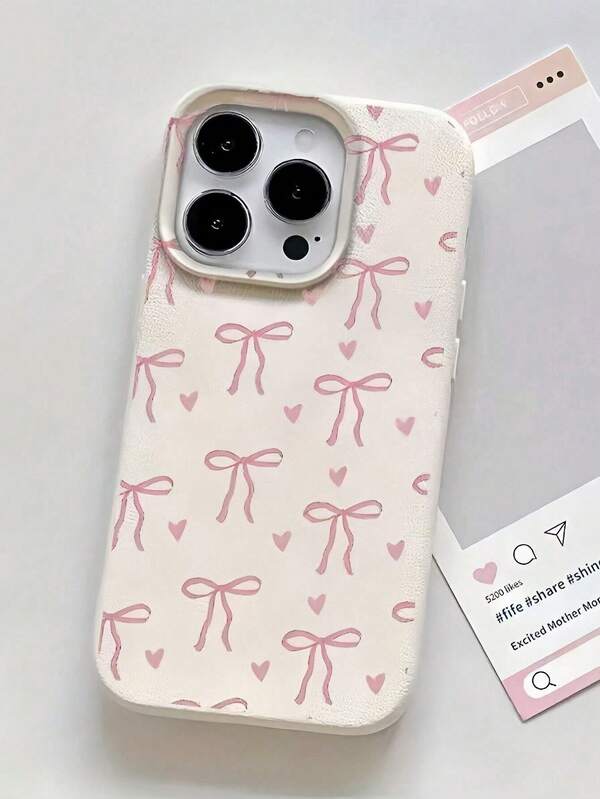 1 Stück rosa Herz & Schleife süßes Muster, matte Litchi-Textur, vollständiger Schutz, stoßfestes TPU, modisches Handyhülle geeignet für iPhone11 12 13 14 15 16 17 Pro Max, A55/54/53/52/51, S25/24/23/22/21 Serie