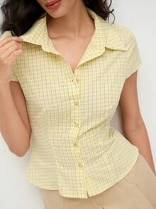 Women's Y2k Plaid Button Down Shirts Short Sleeve Lapel Collar V Neck Slim Fit Blouse Preppy Style Clothes Summer Basic Casual Wear Teen Girls Going Out T-Shirts Back To School Outfits - Màu vàng - Xem 4