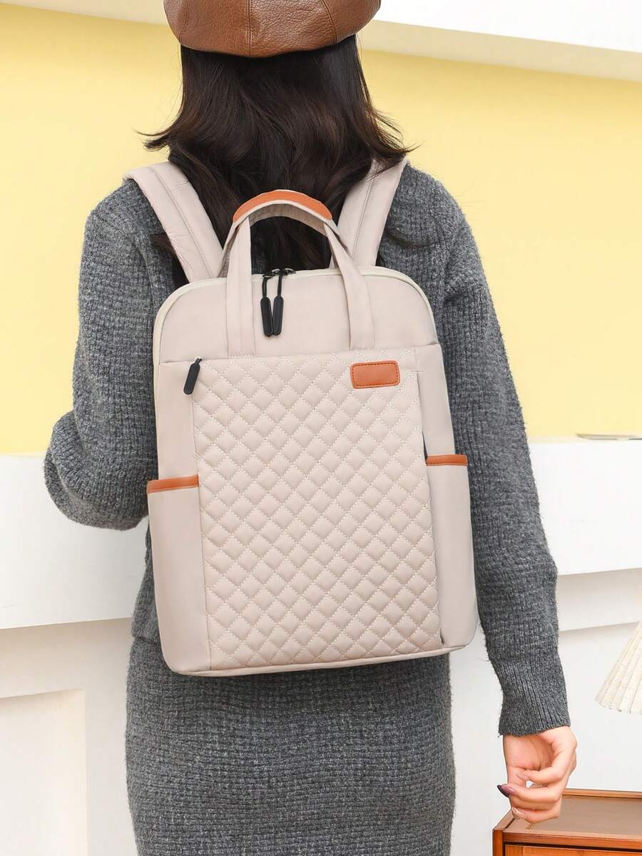 LECEY Women's Large Capacity Backpack, Solid Color Minimalist Design, Suitable For 13.3 Inch Laptop, Casual Tote Bag, Commuter Briefcase - Apricot - View 1