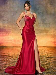 Alluring! Wine Red Satin Spaghetti Strap Sleeveless Mermaid Hem Tassel Party Evening Dress, Must-Have For Weddings And Parties - Burgundy - View 4