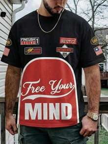 Áo thun nam cổ tròn phong cách thể thao đường phố, họa tiết xe máy, phối màu, thích hợp cho mùa xuân/hè. - màu đen - Xem 1