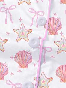 2pcs/Set Kids Colorful Seashell & Starfish Print Pajamas, Short Sleeve Shirt And Ruffle Hem Shorts Set, Ocean Theme Print With Gradient Seashell Rainbow Pattern, Suitable For Children And Teens Daily Wear, Vacation And Loungewear - White - View 4