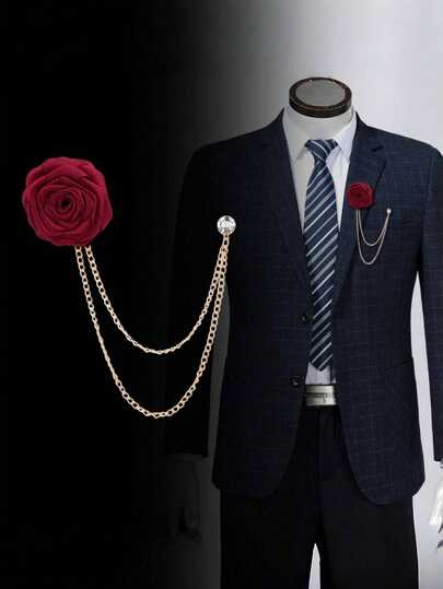 1pc Korean Style Groom/Groomsman Wedding Floral Brooch, Handmade Rose Flower Lapel Pin With Tassel Chain, Suitable For Men's Formal Wear