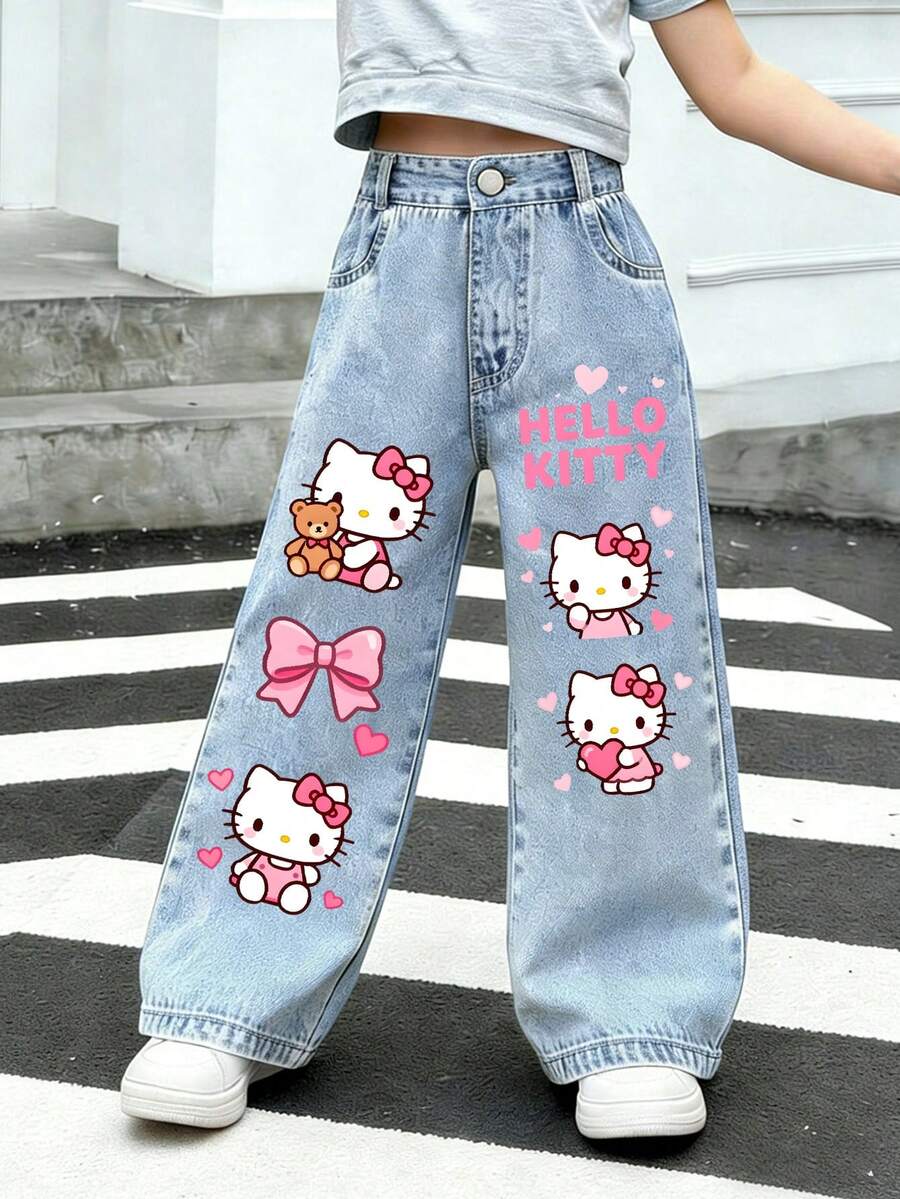 SANRIO Kitty "Cute Series" Wide Leg Jeans - Y2K Kawaii Street Denim Pants, Children's Casual Pants, Sweet And Cool Street Style Fashionable Multi Functional, Skin Friendly Machine Washable Pants - Màu xanh nhạt - Xem 1