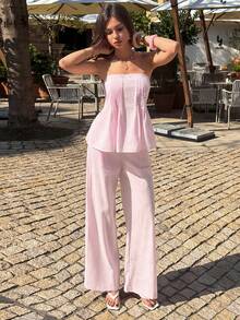 Women's Pink 2 Pieces Set, Including Ruffle Camisole Top And High Waist Wide Leg Pants, Suitable For Beach Vacation - Pink - View 10