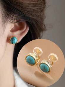 1 Pair Fashion Rhinestone & Turquoise Round Clip-On Earrings, Elegant Earrings Suitable For Women's Daily Wear, Holiday Gift - Blue Ear Clips - View 15