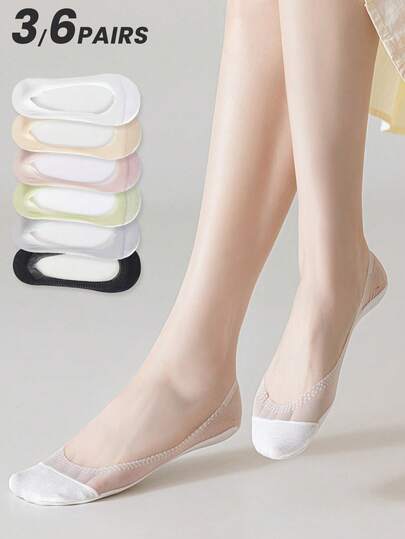 3/6 Pairs Women Boat Socks, Mesh Patchwork, Ice Silk Material, Suitable For Spring & Summer, Vibrant Colors, Urban Professional Invisible Socks, Suitable For Home, Commute, School, Holiday Gift (No Paper Card)