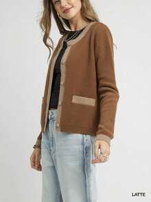 Womens Casual Classic Elegant Contrast Trim Button Front Sweater Round Neck Long Sleeve Patch Pockets Cropped Length Fall Winter Daily Wear Brown Tan Professional Office Outerwear - LATTE - 查看 3