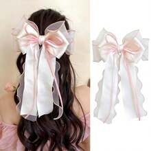 1pc Large Hair Bows Clips For Women Pink White Hair Bows Elegant Long Tail Bowknot Hairpins Spring Summer Hair Barrettes French Ribbon Clips - Pink - View 1