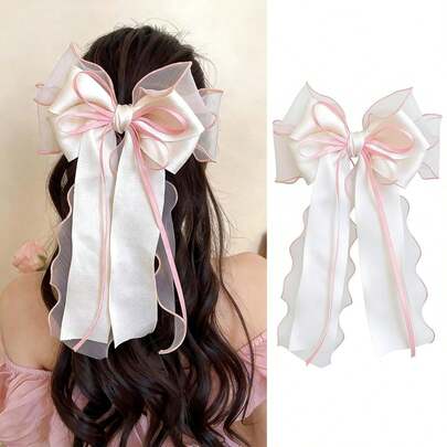 1pc Large Hair Bows Clips For Women Pink White Hair Bows Elegant Long Tail Bowknot Hairpins Spring Summer Hair Barrettes French Ribbon Clips