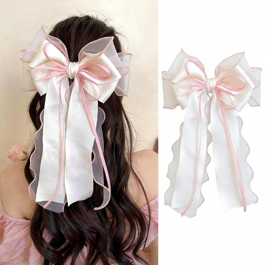 1pc Large Hair Bows Clips For Women Pink White Hair Bows Elegant Long Tail Bowknot Hairpins Spring Summer Hair Barrettes French Ribbon Clips - Pink - View 1