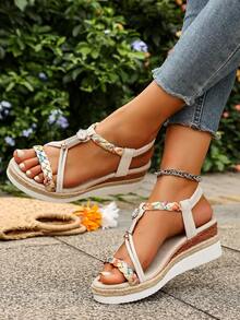Women's Summer Beach Sandals, Bohemian Style Open Toe Wedge High Heels, Thick Sole Elastic Slip-On Casual High Heels - Beige - View 3