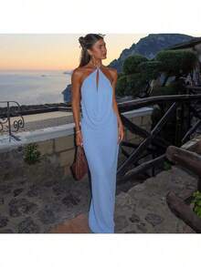 2026 Summer Women's New Fashion Temperament Creative Sleeveless Hanging Neck Backless High-Waisted Slim Dress - 藍色 - 查看 2