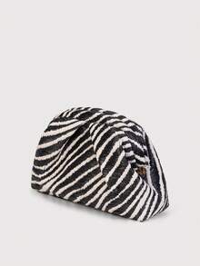 Retro Straw Zebra Pattern Clutch Bag, Minimalist Style Evening Handbag, Suitable For Summer Use - Black and White - View 2