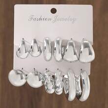 18-6pcs Elegant CCB Water Drop, Asymmetrical Ring Earrings, Twisted, Geometric Design Resin Earrings Set, Fashionable Daily Versatile Jewelry - Silver - View 13