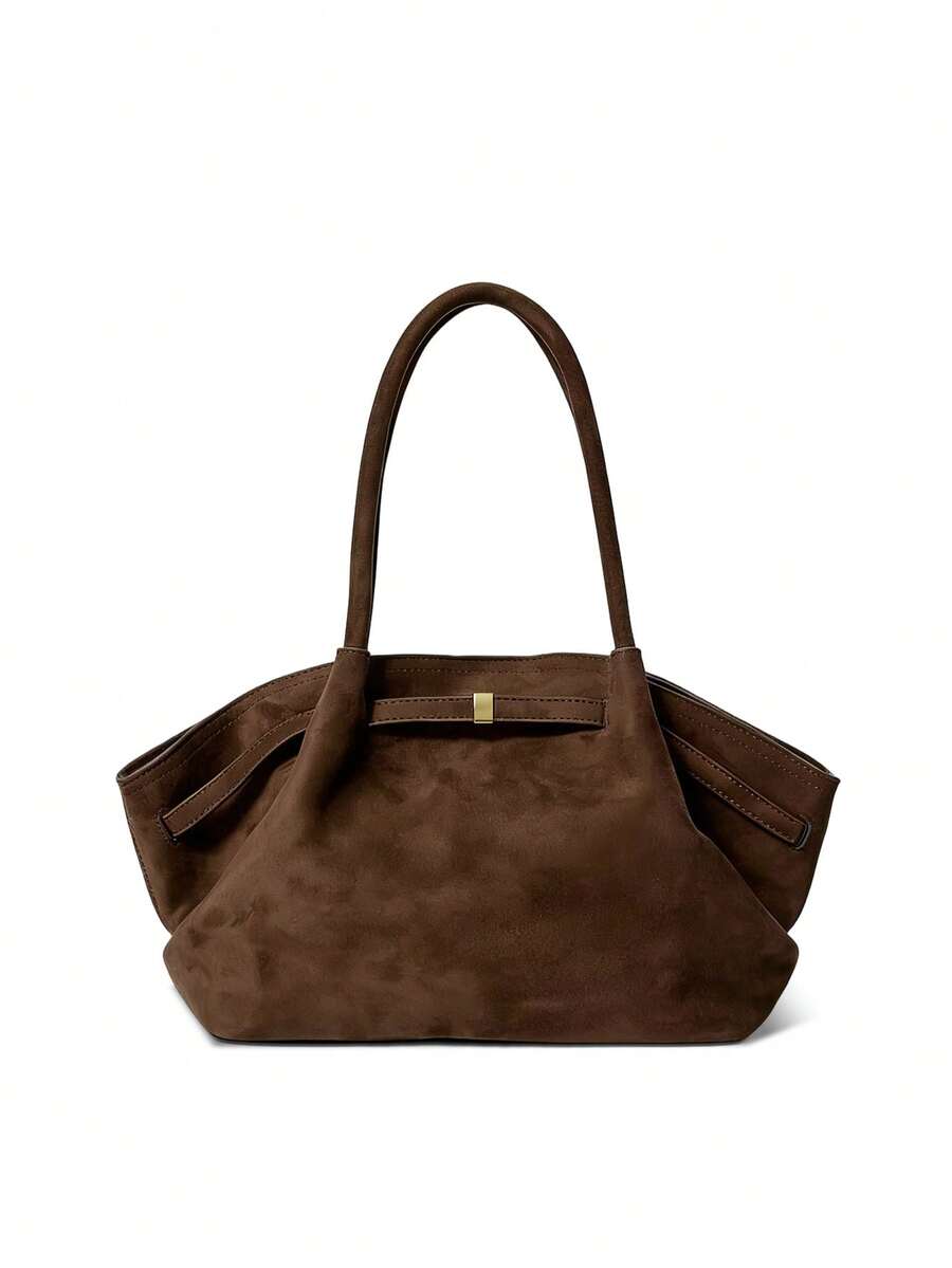 Dedoo 1pc Faux Suede Tote Bag, Large Capacity Solid Color Mature Elegant Ladies Handbag, Retro Style Work Bag, Suitable For Girls, Women, College Students, Office Workers - 棕色 - 查看 1