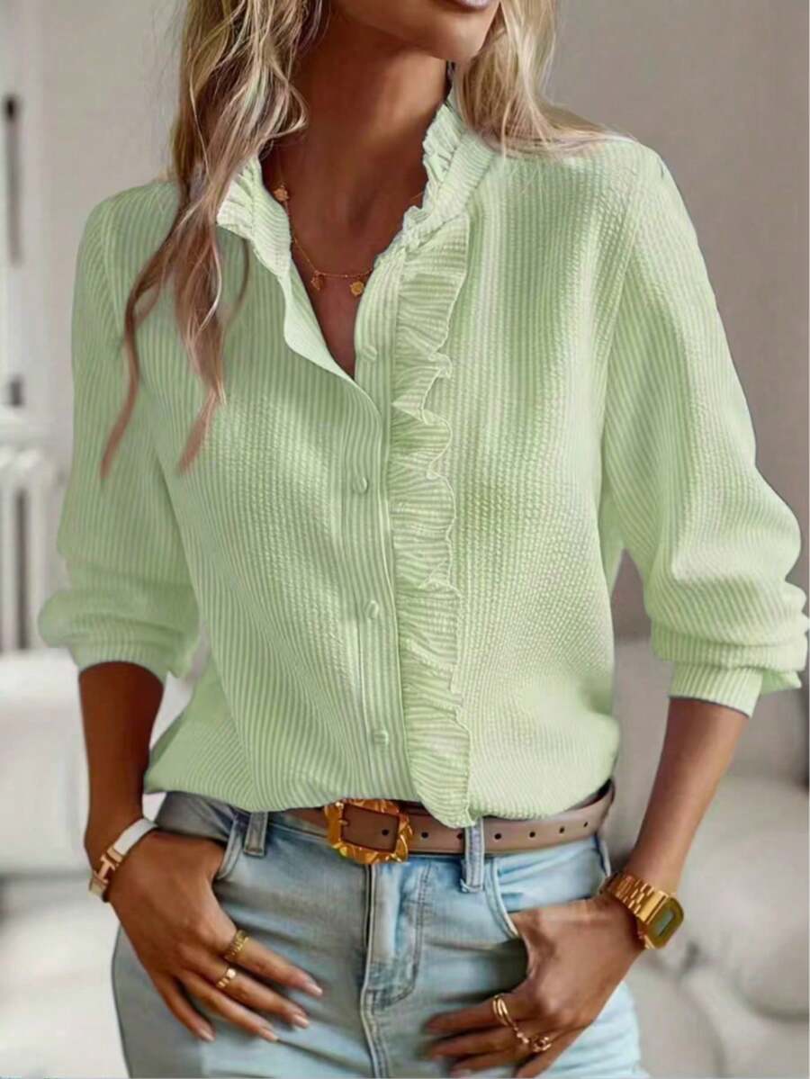 Blusa casual de mujer con botones, volantes y rayas para uso diario en primavera - verde menta - Ver 1