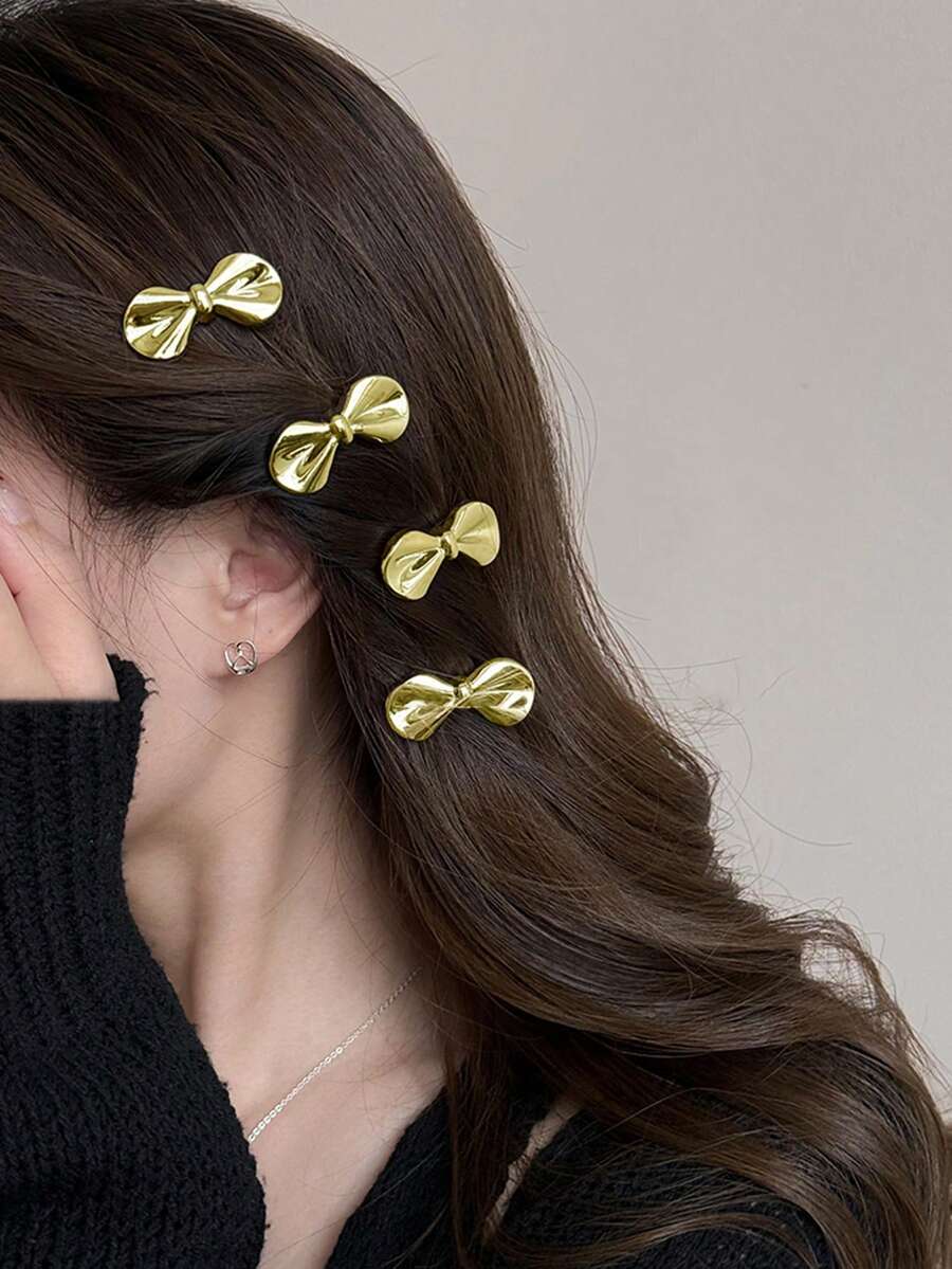 4件套女士纯色金属镂空光滑蝴蝶边发夹，Y2K个性街头风侧边发夹，时尚百搭，适合派对、舞蹈、日常佩戴 - 4個金色 - 查看 1