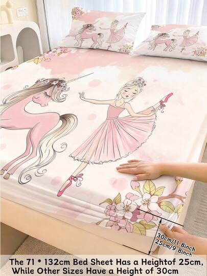 2/3PCS Pink Ballerina Unicorn Fitted Sheet Set, Cherry Blossom Themed Kids Bedding With Pillow Covers, Soft Microfiber Girls Bedroom Decor(Twin/Full Size) For Children, Teenagers, Adults, Boys And Girls, Bedroom