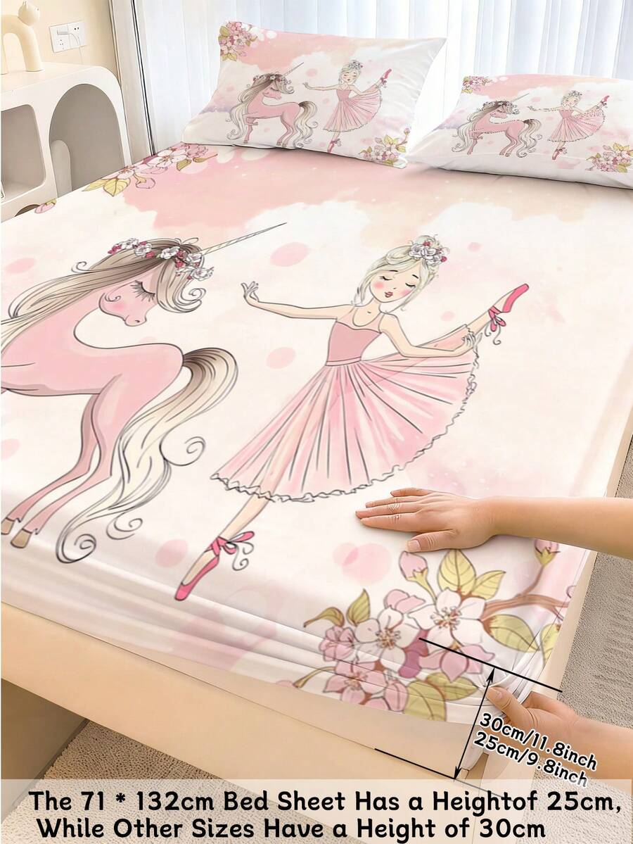 2/3件套粉色芭蕾舞独角兽床笠套装，樱花主题儿童床上用品，含枕套，柔软超细纤维材质，适合女孩卧室装饰（单人/双人尺寸），适用于儿童、青少年、成人、男孩和女孩。 - 彩色 - 查看 1